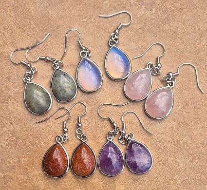 5 Pairs Natural / Synthetic  Gemstone / Drop / Flat Back  Dangle  Brass  Earring  / Silver  Tone
