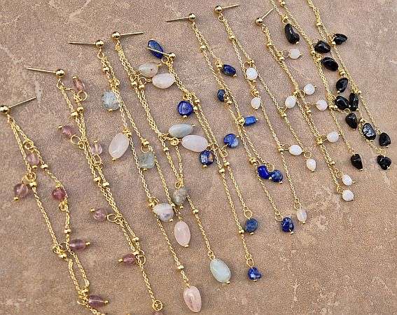 5 Pairs Natural Gemstone / Dangle Stud Earring   Stainless Steel  / Gold Tone