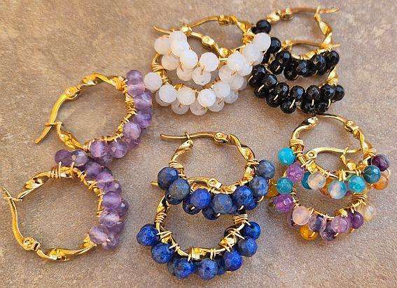 5 Pairs Natural Gemstone / Round Faceted  /  Twisted  Stainless Steel Hoop Earings / Gold Tone