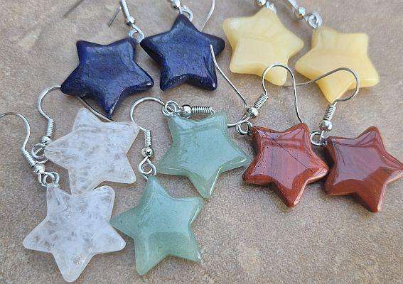 5 Pairs Assorted Natural / Synthetic Gemstone  /  Star Shape  Earring Hooks / Silver Tone