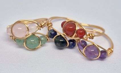 5 Pcs Assorted Natural Gemstone / Gold Plated Copper Wire Wrapped Rings