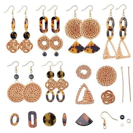 ***DIY*** 6  Pairs / Woven Reed Cane/Rattan / Resin Pendants / Gold Tone /  Earring Kit