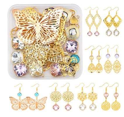 ***DIY*** 8 Pairs / Filigree Pendants /Rhinestone / Alloy Findings / Gold Tone / Earing Kit