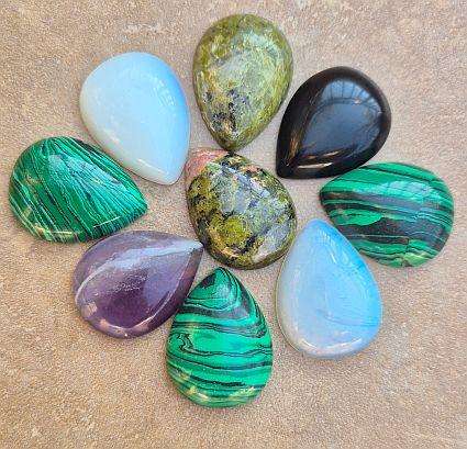 DIY ***18pcs ** 9pc Natural / Synthetic / Gemstone Drop Cabochon / 9pc Antique Silver Tray
