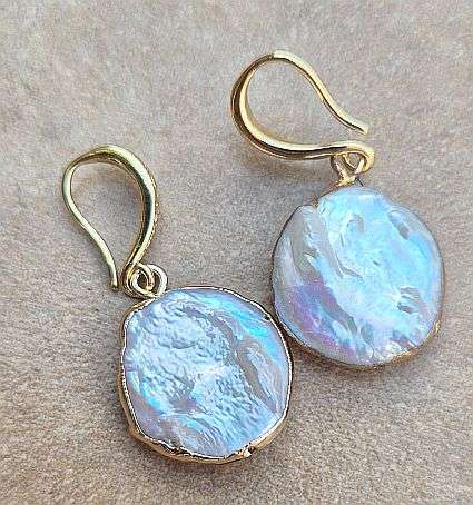 1Pair  Natural Baroque Pearl Keshi Pearl / Flat Round / Brass / Gold Tone / Earrings