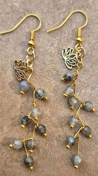 *Clearance Sale*1 Pair Natural Labradorite  / Lotus Charm / Dangle Earrings / Gold Tone / Brass