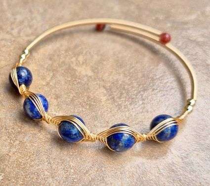 1 Pcs Natural Lapis Lazuli / Wrapped / Gold Tone Brass / Cuff / Torque Bangle