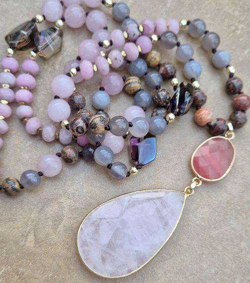 1 Pc Natural Rose Quartz Pendant / Gemstone & Glass Bead Necklace /  +/-84 cm