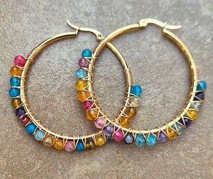 *Clearance Sale*1 Pair Natural Agate /Round Faceted Stainless Steel Hoop Earrings / Gold Tone