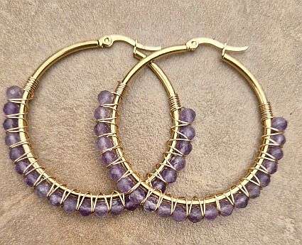 *Clearance Sale*1 Pair Natural Amethyst / Round Faceted / Stainless Steel Hoop Earrings /