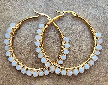 *Clearance Sale*1 Pair Natural Moonstone / Round Faceted / Stainless Steel Hoop Earrings /