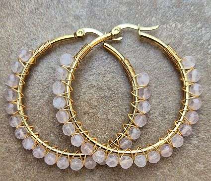 *Clearance Sale*1 Pair Natural Rose Quartz / Round Faceted / Stainless Steel Hoop Earrings /
