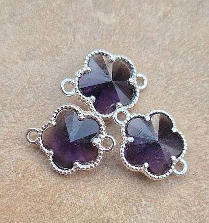 *Clearance Sale*1pc Dark Purple  Glass  / Flower / Silver Tone / Alloy  / Link / Connector+/-15x12mm