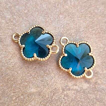 *Clearance Sale*1pc Dark Cyan  Glass  / Flower / Gold Tone / Alloy  / Link / Connector+/-15x12mm