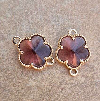 *Clearance Sale*1pc  Purple Glass  / Flower / Gold Tone / Alloy  / Link / Connector+/-15x12mm