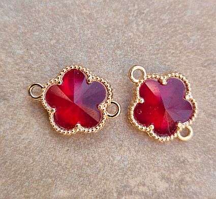 *Clearance Sale*1pc Red  Glass  / Flower / Gold Tone / Alloy  / Link / Connector+/-15x12mm