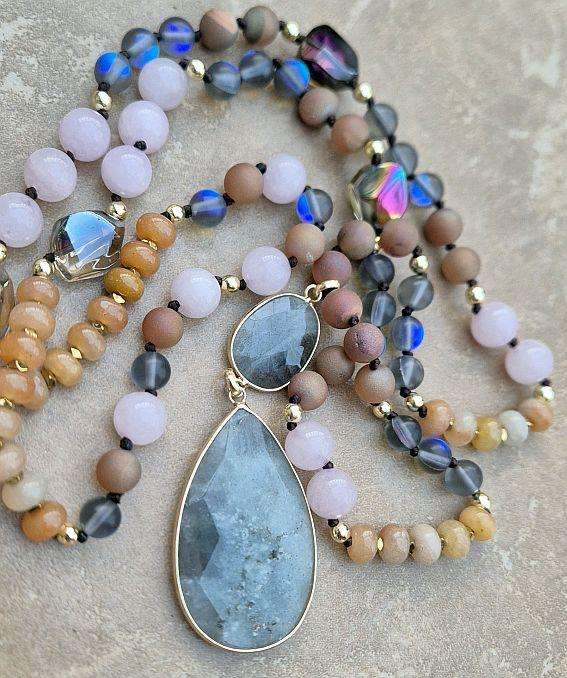 1 Pc Natural Labradorite Pendant / Gemstone & Glass Bead Necklace /  +/-84 cm