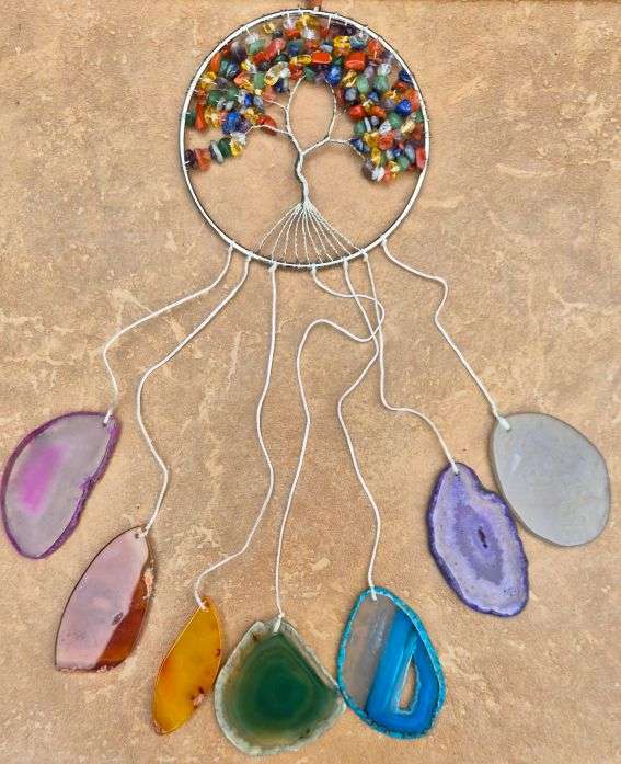 Wind Chime / Large Agate Slices /  Chakra Theme / Big Pendant Tree Of Life / Natural Chips