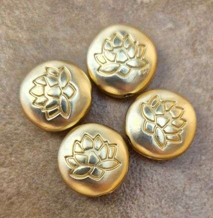 *Clearance Sale *4pc x 14mm / Lotus Flower / Flat Round Matt Gold Tone Tibetan Style