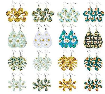 ***DIY*** 16 Pairs / PU Leather  Pendants / Flower / Leaf / Drop  Silver  Tone/ Earing Making Kit