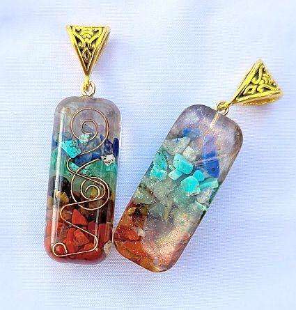 *Clearance Sale * 1pc (+/- 58x16mm)   Chakra  / Mixed Gemstone Chips / Epoxy Resin /Rectangle Pendan