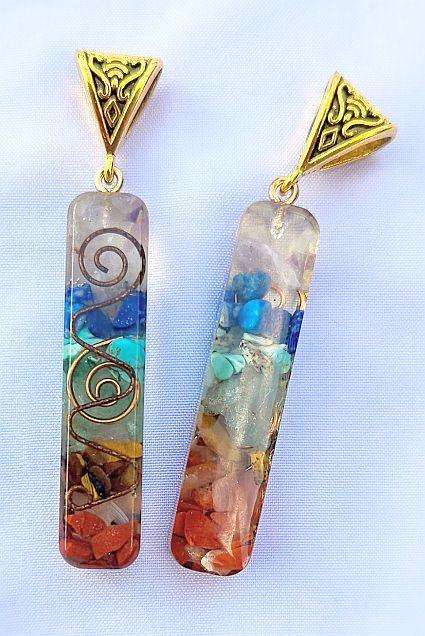 *Clearance Sale * 1pc (+/- 64x10mm)   Chakra  / Mixed Gemstone Chips / Epoxy Resin /Rectangle Pendan