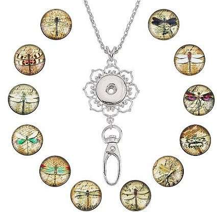 ***DIY*** 12pc / Dragonfly   / Glass Snap Button / Stainless Steel Chain / Kit