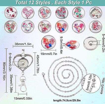 ***DIY*** 12pc Flowers / Heart Glass Snap Button / Alloy Chain / Necklace Jewelry Kit