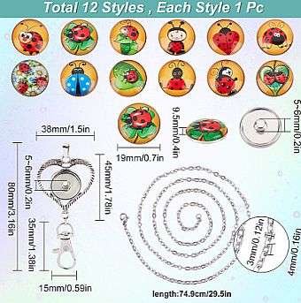 ***DIY*** 12pc / Ladybird / Glass Snap Button / Stainless Steel Chain / Kit