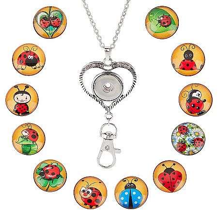 ***DIY*** 12pc / Ladybird / Glass Snap Button / Stainless Steel Chain / Kit