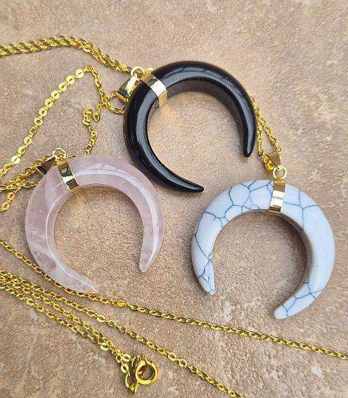 3 Pcs Natural / Synthetic / Crescent Moon Pendant  / Gold Tone / Brass Chain / Necklace