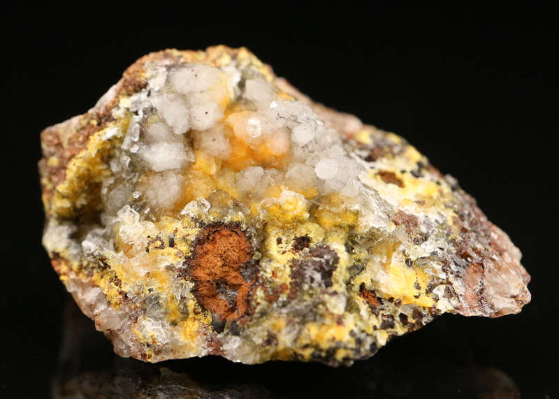 Calcite on Boltwoodite, Rossing Mine, Namibia