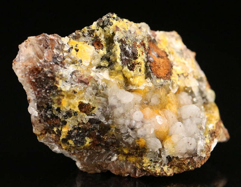Calcite on Boltwoodite, Rossing Mine, Namibia