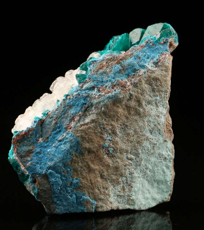 Calcite on Dioptase on Matrix, Tantara Mine, DRC