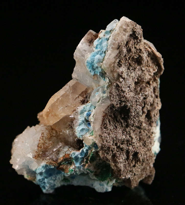 Shattuckite in Quartz with Calcite, Tantara Mine, DRC