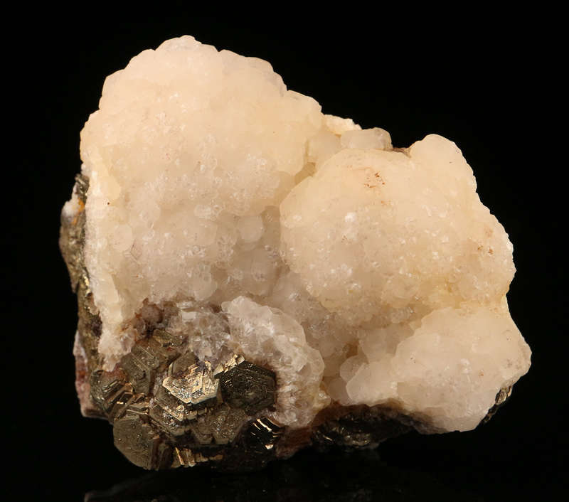 Calcite on Pyrite, "N'Chwaning II Mine, Kalahari Manganese Field, Northern Cape, South Africa. "