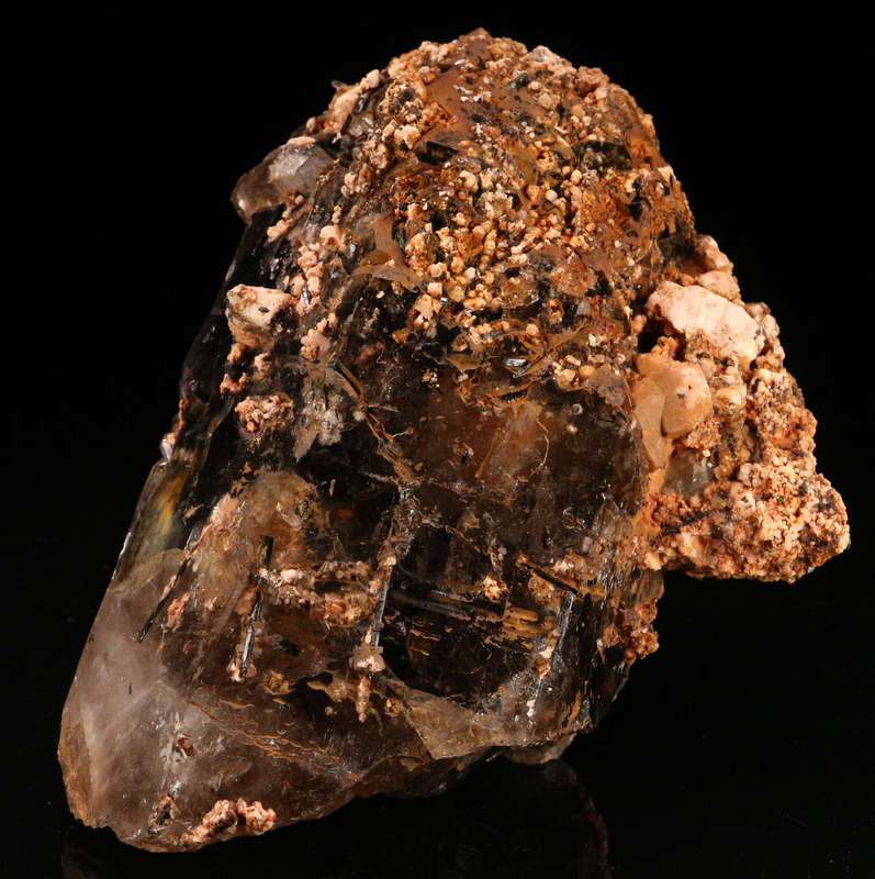 Orthoclase, Aegirine on Smoky Quartz XLS, Zomba Mnt, Malawi