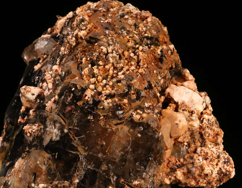 Orthoclase, Aegirine on Smoky Quartz XLS, Zomba Mnt, Malawi