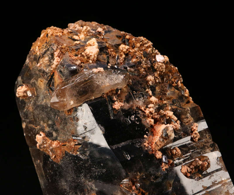 Orthoclase, Aegirine on Smoky Quartz XLS, Zomba Mnt, Malawi