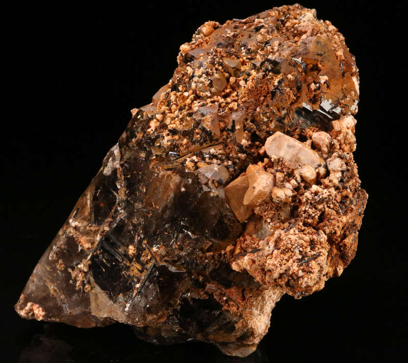 Orthoclase, Aegirine on Smoky Quartz XLS, Zomba Mnt, Malawi