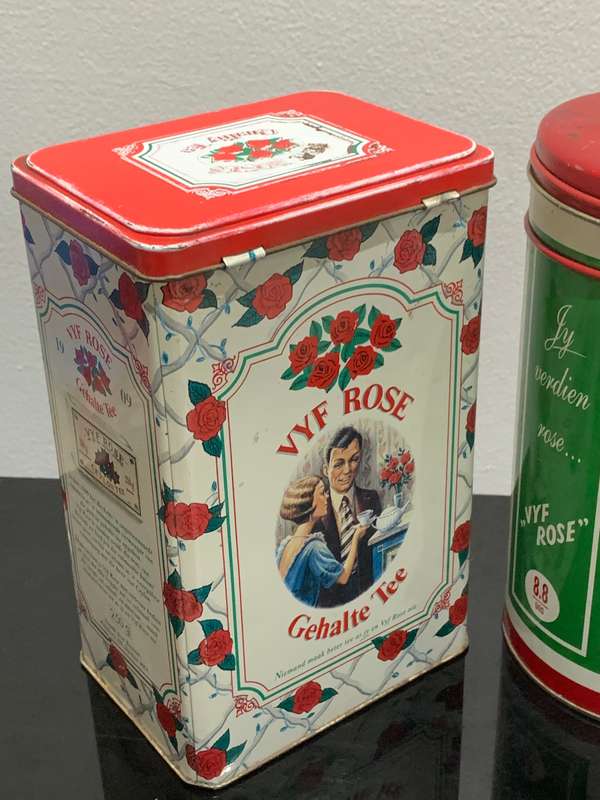Pair Of Vintage Tins  Five Roses Tea - English & Afrikaans Advertising