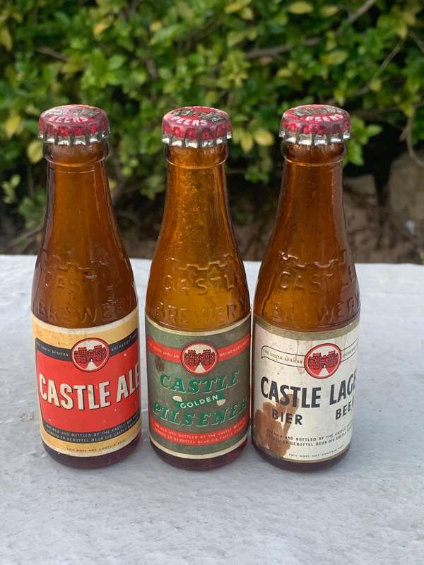 Trio Of Miniature Castle Beer Bottles - Evaporated But Lids Intact - Lager Ale Pilsner