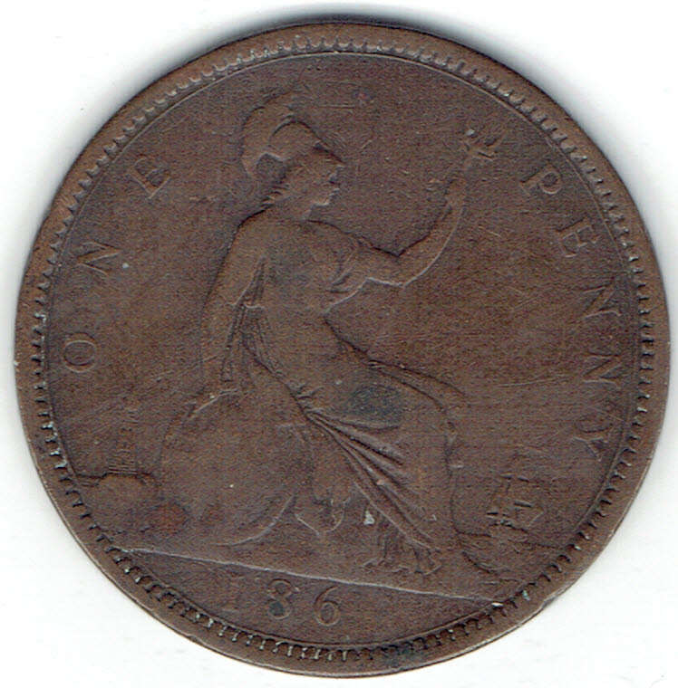 1862 GREAT Britain Q Vic  Young Head 1d brass in F grade 163 years old Fair coin