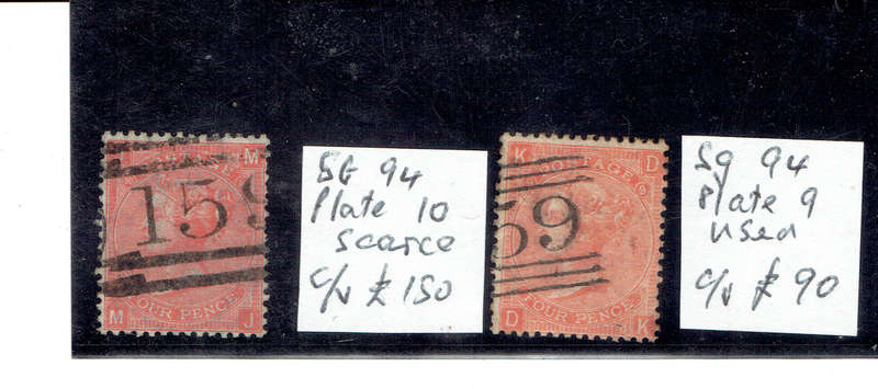 1866 England 4d  vermillon used singles SG 97 plate 9,10 CV GBP240(R6000)
