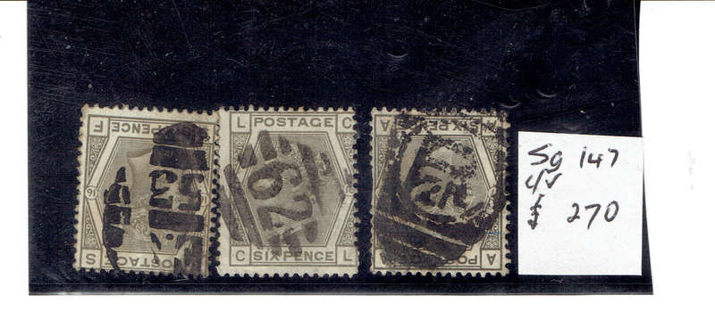 1874 ENGLAND 3 x 6d used singles SG147 CV GBP270 (R6750) RARE