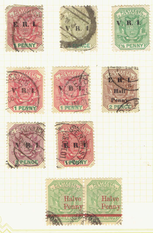 1895,1900,1901 TRANSVAAL Halve Penny on 1s pr, 1d pr,blx4 and6, V.R.I.x5 E.R.I x3 m used S CV R852