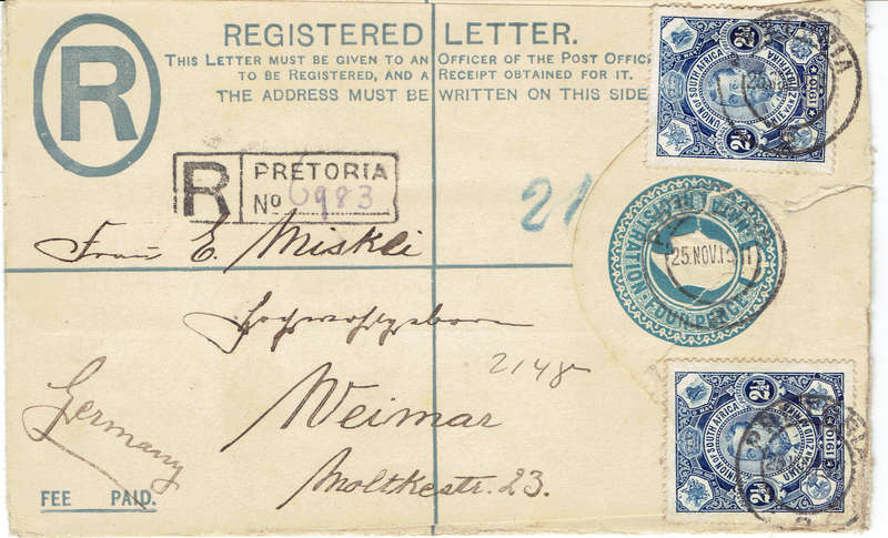 1911 UNION of S A Reg letter dated 17/12/11 with  2  21/2d stamps and 14d printed  see scan