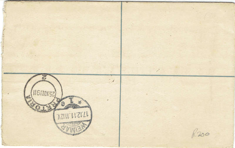 1911 UNION of S A Reg letter dated 17/12/11 with  2  21/2d stamps and 14d printed  see scan