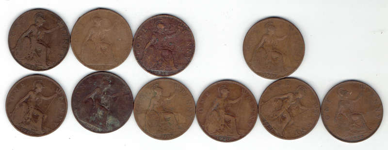 1912-22 Great Britain K G V 1 pennies in F grade (No 1915) Total of 10