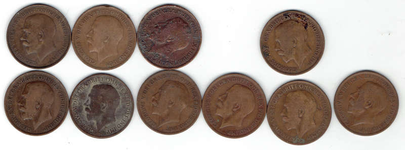 1912-22 Great Britain K G V 1 pennies in F grade (No 1915) Total of 10